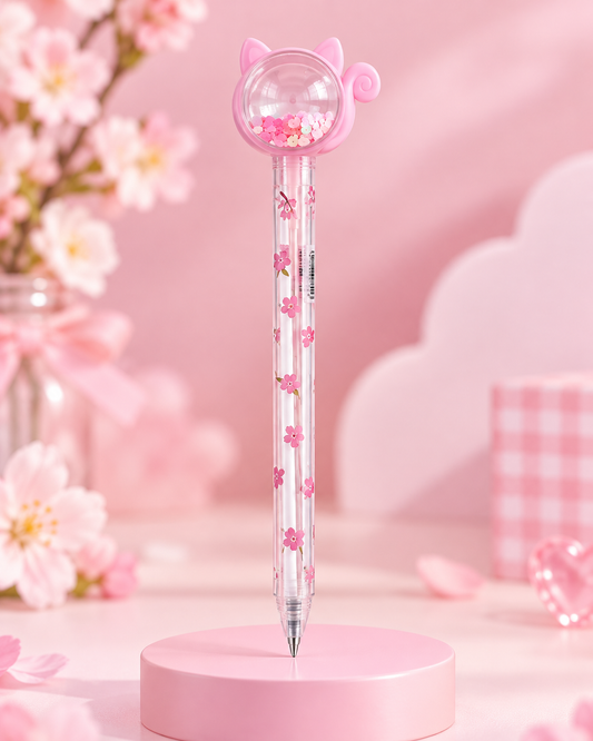 Rožinis kawaii gelinis tušinukas su katinėliu ir blizgučiais