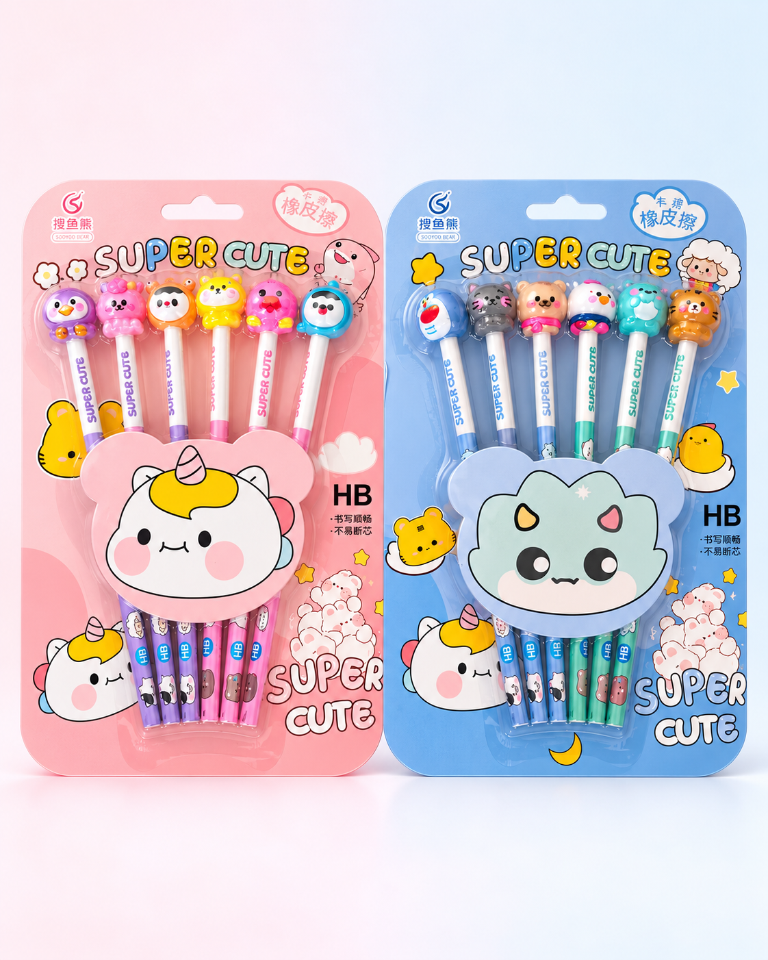 Kawaii HB pieštukų rinkinio su gyvūnėlių trintukais nuotrauka