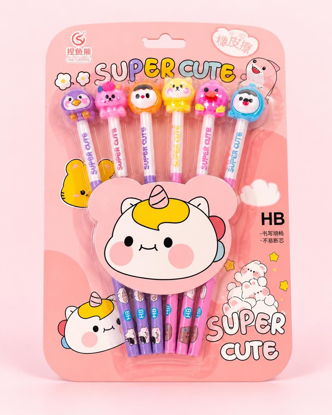 Super Cute šešių HB pieštukų rinkinio dizainas