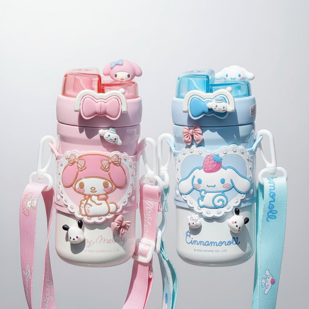 My Melody & Cinnamoroll Kawaii Water Bottle with Strap & Character Topper