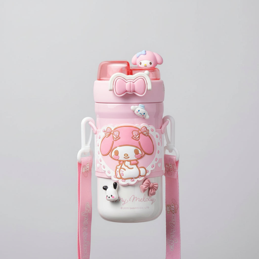 My Melody & Cinnamoroll Kawaii Water Bottle with Strap & Character Topper