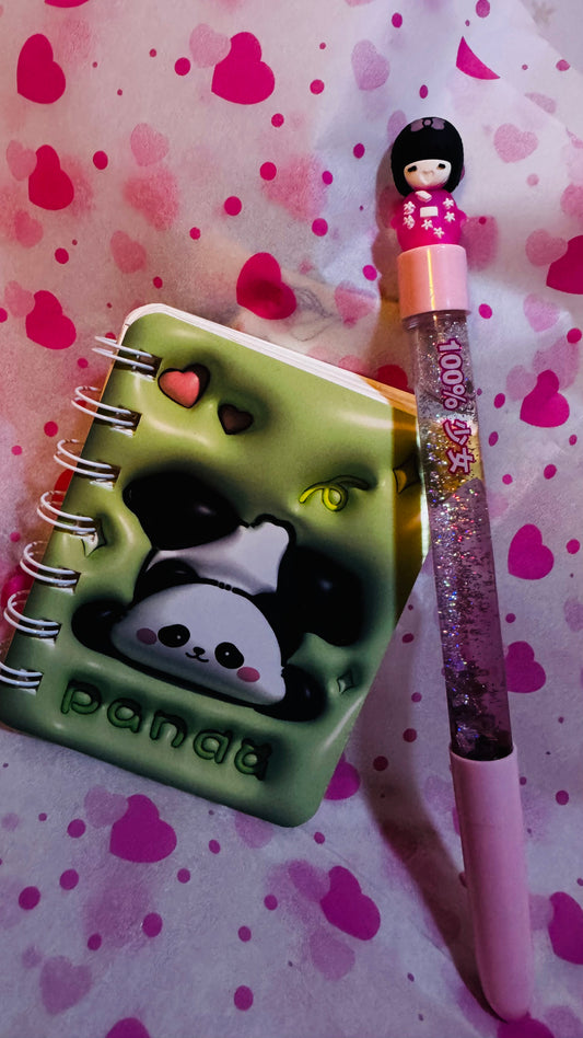 Kawaii Mini Notebook & Glitter Pen Set 🐼✨