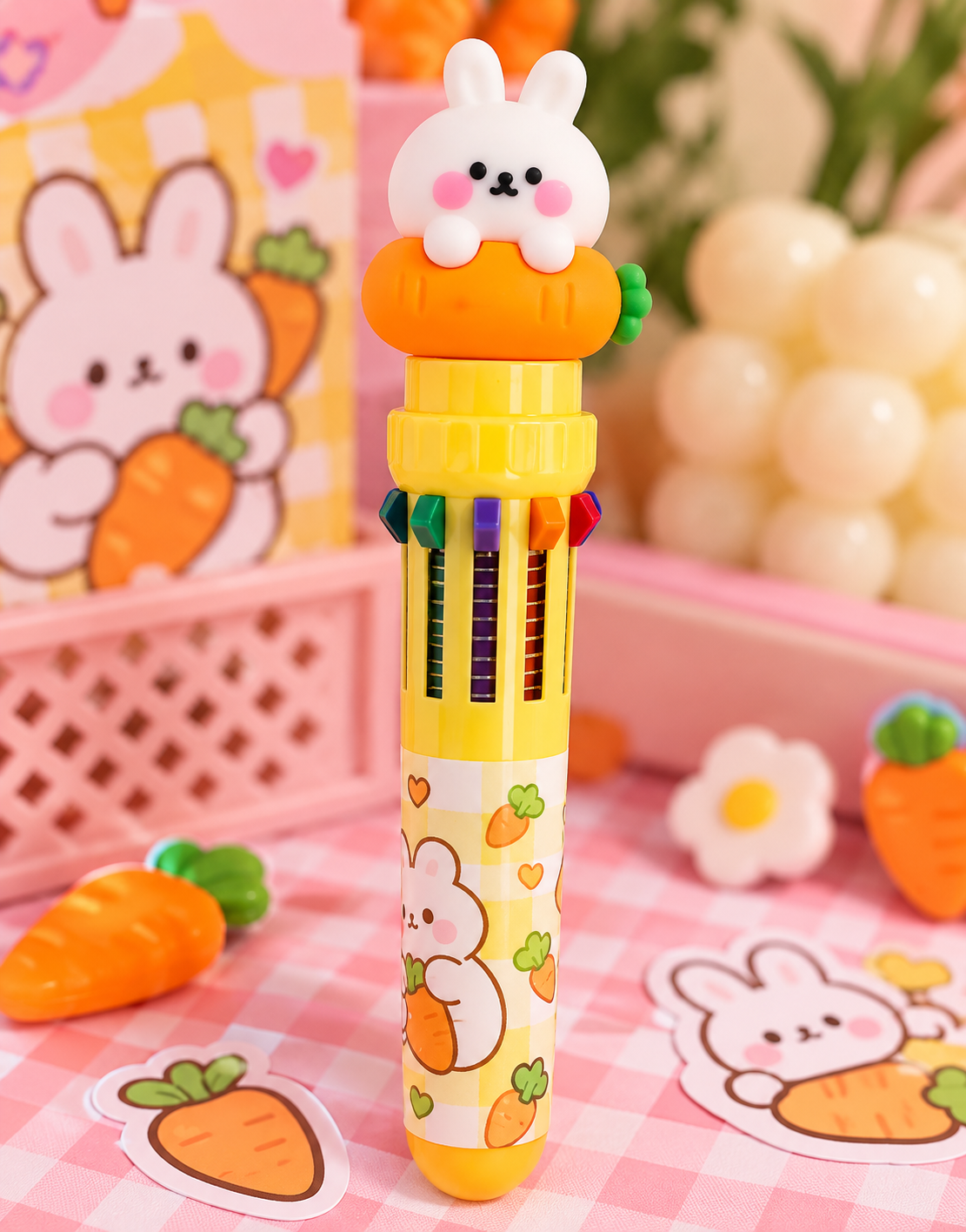 Geltonas kawaii tušinukas su zuikučiu ir morka