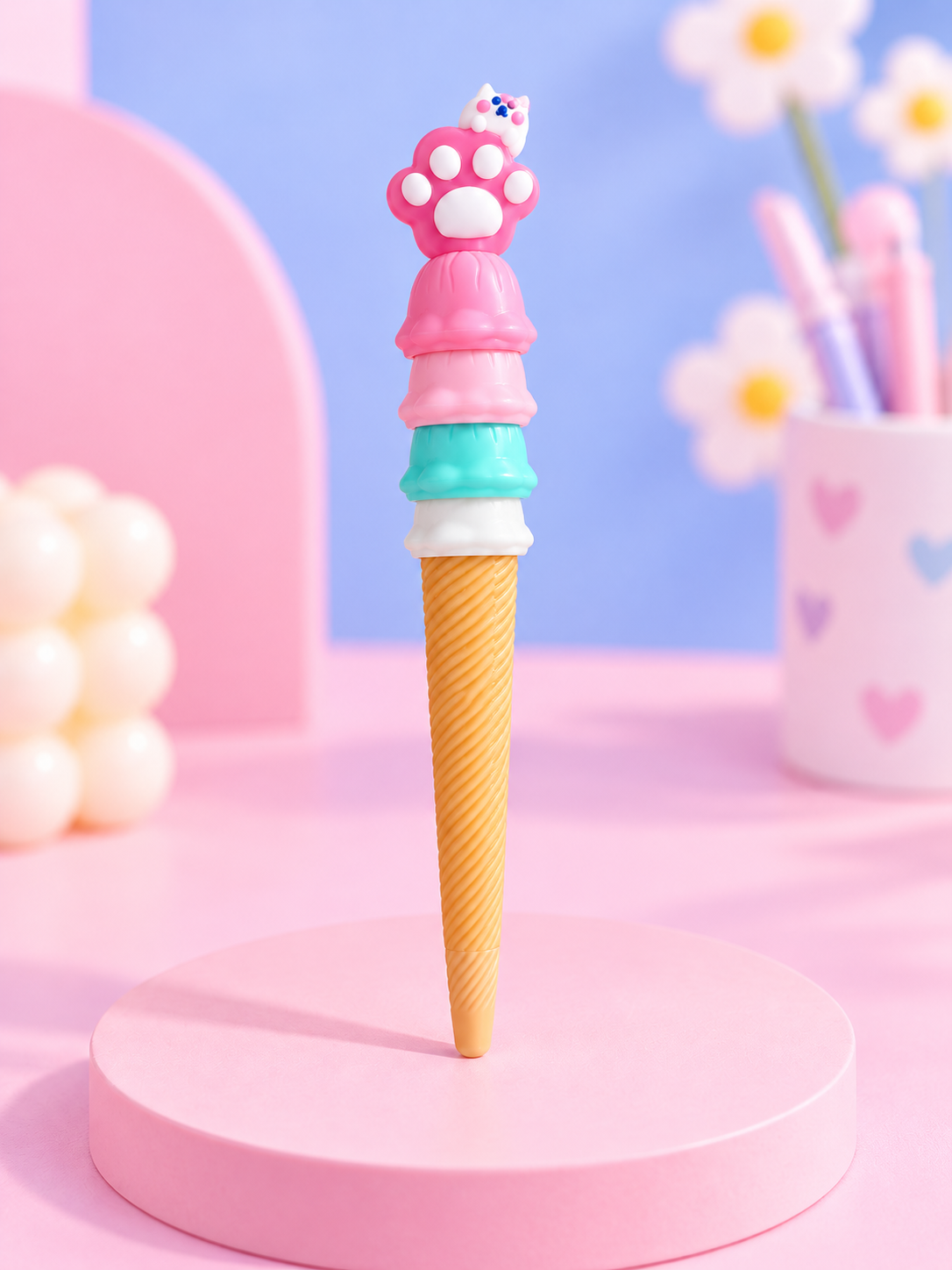 Rožinis kawaii ledų tušinukas su katinėlio letenėle
