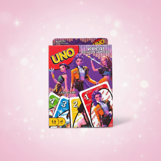 UNO K-Pop Demon Hunters kortų žaidimas su rožiniu sparkle fonu