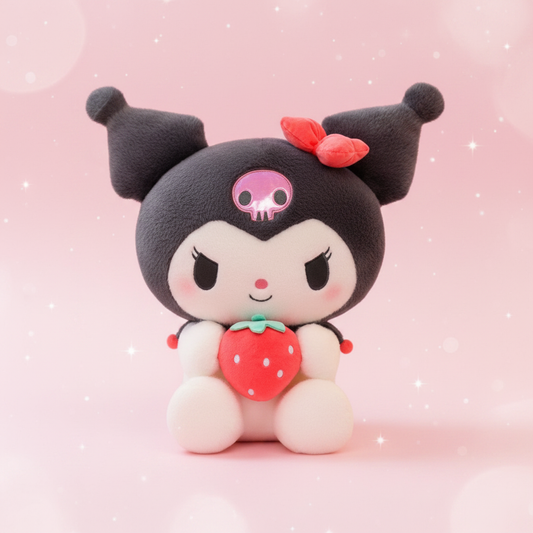 Kuromi braškių plušiukas – rožinis kawaii fonas